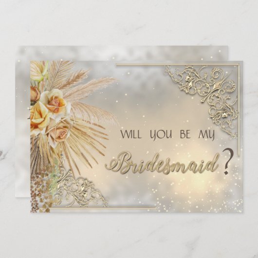 シックエレガント金ゴールドハートボホフラワーズ 招待状 (正面/裏面)