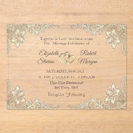 シックエレガント金ゴールドハートレース結婚ズ アクリル招待状