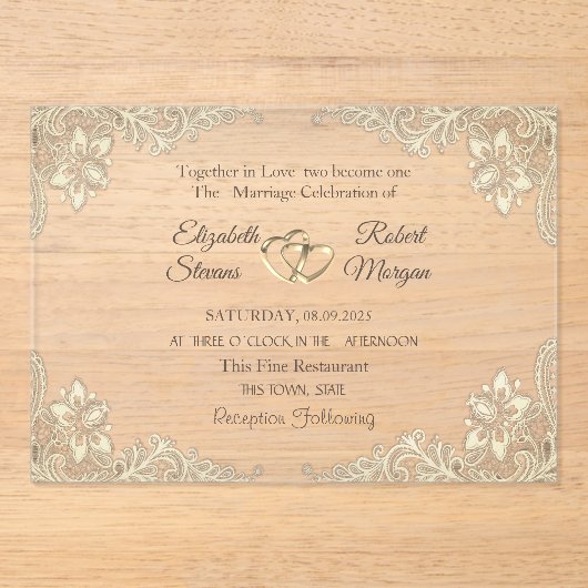 シックエレガント金ゴールドハートレース結婚ズ アクリル招待状 (正面)