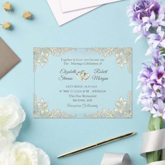 シックエレガント金ゴールドハートレース結婚ズ アクリル招待状