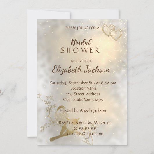 シックエレガント金ゴールドハート、鳥ブライダルシャワー 招待状 (正面)