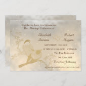 シックエレガント金ゴールドハート、鳥結婚式招待状 招待状 (正面/裏面)