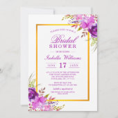 シックエレガント金ゴールドパープルフローラブライダルシャワー 招待状 (正面)