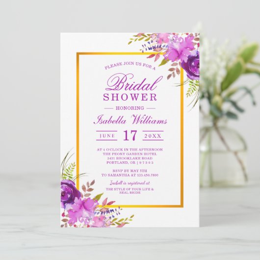シックエレガント金ゴールドパープルフローラブライダルシャワー 招待状 (スタンド正面)