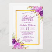 シックエレガント金ゴールドパープルフローラブライダルシャワー 招待状 (正面/裏面)