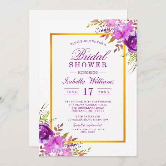 シックエレガント金ゴールドパープルフローラブライダルシャワー 招待状 (正面/裏面)