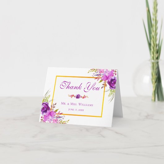シックエレガント金ゴールドパープルフローラ結婚ズ・サンキュー サンキューカード (正面)