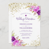 シックエレガント金ゴールドパープルフローラ結婚式招待状 招待状 (正面/裏面)