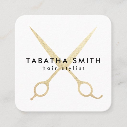 シックエレガント金ゴールドフォイルはさみ美容師サロン スクエア名刺 (正面)