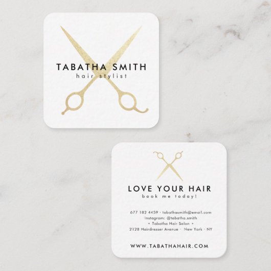 シックエレガント金ゴールドフォイルはさみ美容師サロン スクエア名刺 (正面/裏面)