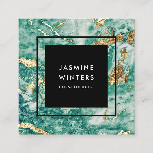 シックエレガント金ゴールドフォイルターコイズ大理石の水色 スクエア名刺 (正面)