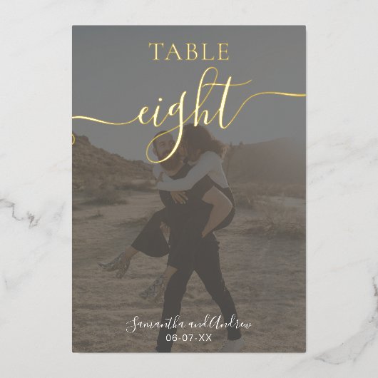 シックエレガント金ゴールドフォトグ結婚ラフのテーブル番号 箔招待状 (正面)