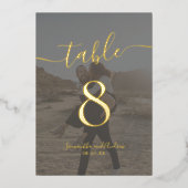 シックエレガント金ゴールドフォトグ結婚ラフのテーブル番号 箔招待状 (正面)