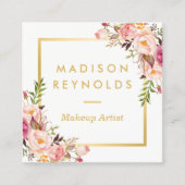 シックエレガント金ゴールドフレガーリーームピンクフローラパーソナル スクエア名刺 (正面)
