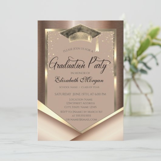 シックエレガント金ゴールドフレームダイヤモンド卒業 招待状 (スタンド正面)
