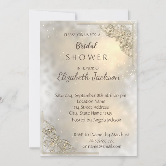 シックエレガント金ゴールドブライダルシャワー 招待状 (正面)