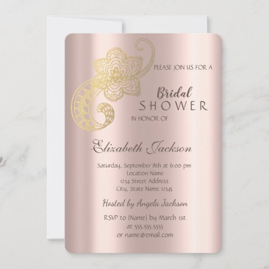 シックエレガント金ゴールドペイズリーバラ金ゴールドブライダルシャワー 招待状 (正面)