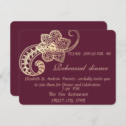 シックエレガント金ゴールドペイズリーリハーサルディナー 招待状 (正面/裏面)