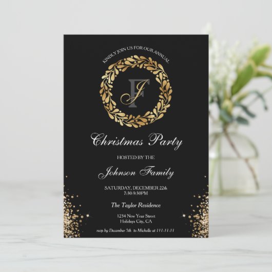 シックエレガント金ゴールドモノグラムリースクリスマスパーティー 招待状 (スタンド正面)