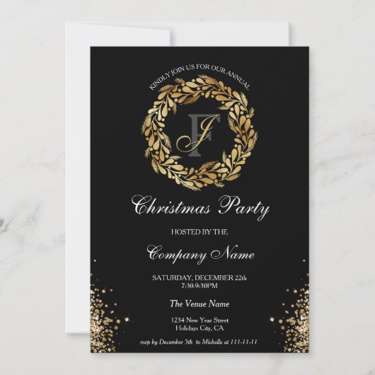 シックエレガント金ゴールドリース企業のクリスマスパーティー 招待状 (正面)