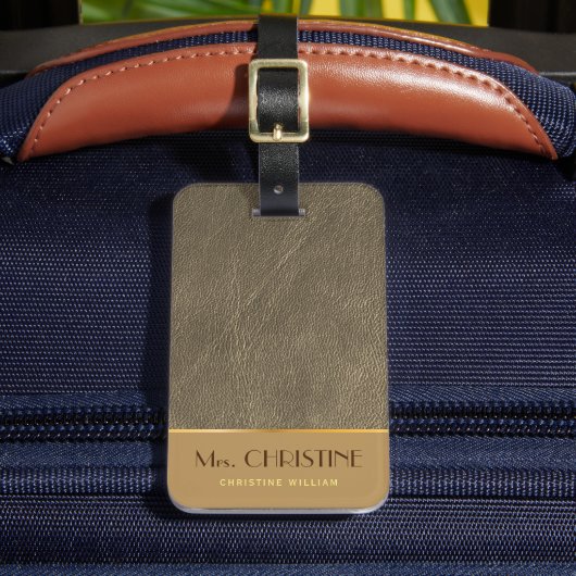 シックエレガント金ゴールドレザーブラウン名前をカスタムする ラゲッジタグ (正面インサイチュ2)