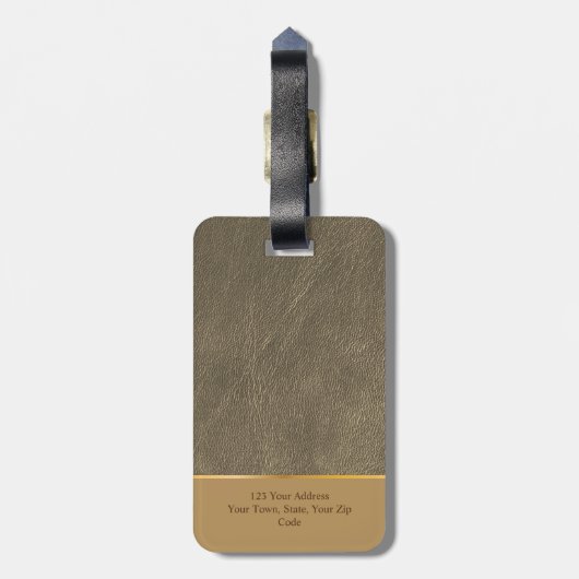 シックエレガント金ゴールドレザーブラウン名前をカスタムする ラゲッジタグ (裏面縦)