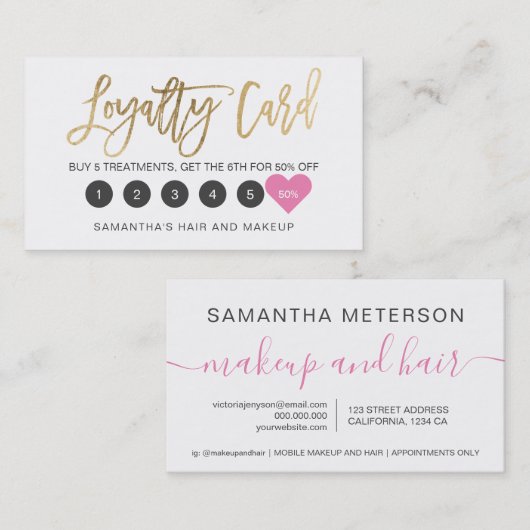 シックエレガント金ゴールド化粧ヘアピンクハート ロイヤリティカード (正面/裏面)