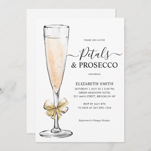 シックエレガント金ゴールド花びらプロセッコブライダルシャワー 招待状 (正面/裏面)