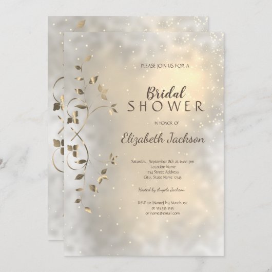 シックエレガント金ゴールド葉ブライダルシャワー 招待状 (正面/裏面)