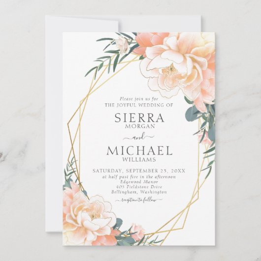 シックエレガント金ゴールド赤面ピーチクリームフローラズ結婚 招待状 (正面)