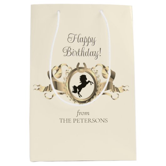 シックエレガント金ゴールド馬術帯リボンクレスト名 ミディアムペーパーバッグ (正面)