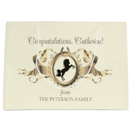 シックエレガント金ゴールド馬術帯リボンクレスト名 ラージペーパーバッグ