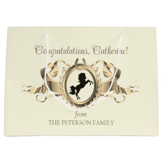 シックエレガント金ゴールド馬術帯リボンクレスト名 ラージペーパーバッグ (正面)