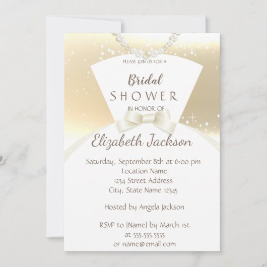 シックエレガント金ゴールド、新婦ドレスブライダルシャワー 招待状 (正面)