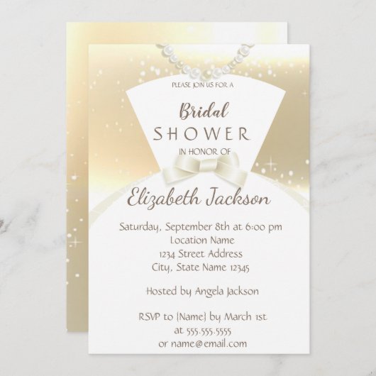 シックエレガント金ゴールド、新婦ドレスブライダルシャワー 招待状 (正面/裏面)