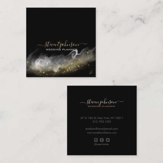 シックエレガント魔法ダスト金ゴールドスパークルスクリプトブラック スクエア名刺 (正面/裏面)