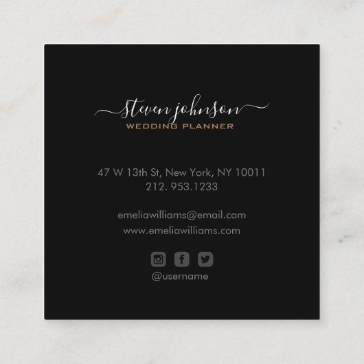 シックエレガント魔法ダスト金ゴールドスパークルスクリプトブラック スクエア名刺 (裏面)