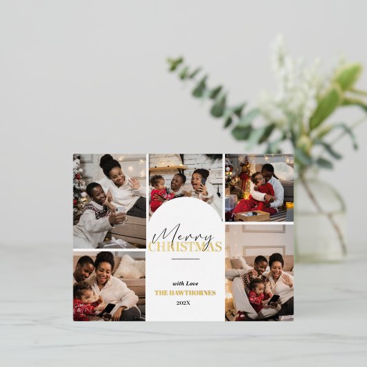 シックエレガント5モダンフォトゴールドフォイルホリデーカード 箔シーズンポストカード (立ち正面)