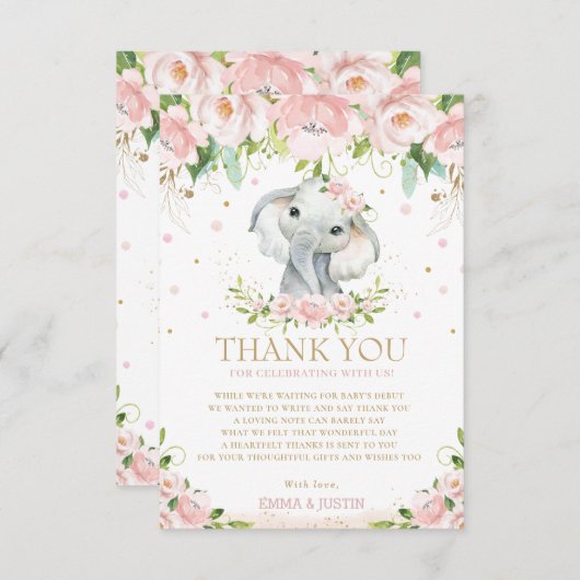 シックエレファントピンクフローラベビーシャワー1歳 サンキューカード (正面/裏面)