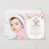 シックエレファント赤面ピンクフローラ1回目の誕生日写真 サンキューカード (正面)