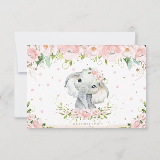 シックエレファント赤面ピンクフローラ1回目の誕生日写真 サンキューカード (裏面)