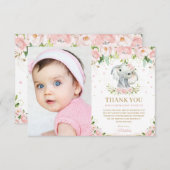シックエレファント赤面ピンクフローラ1回目の誕生日写真 サンキューカード (正面/裏面)