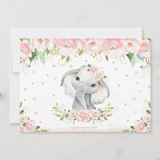 シックエレファント赤面ピンクフローラ1回目の誕生日写真 招待状 (裏面)