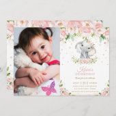 シックエレファント赤面ピンクフローラ1回目の誕生日写真 招待状 (正面/裏面)