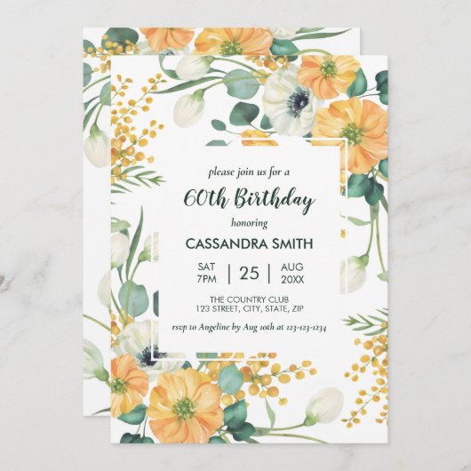 シックオレンジアネモネグリーナリーフローラ誕生日 招待状 (正面/裏面)