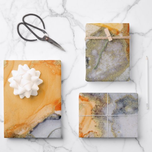 シックオレンジグレー金ゴールド抽象芸術アート ラッピングペーパーシート (正面)