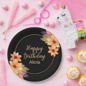 シックオレンジレッド秋フローラブラック誕生日 ペーパープレート (パーティー)