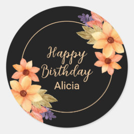 シックオレンジレッド秋フローラブラック誕生日 ラウンドシール