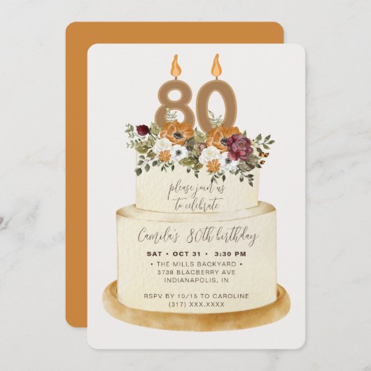 シックオレンジ秋秋80日お誕生日ケーキ 招待状 (正面/裏面)