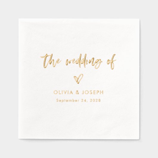 シックカジュアルスクリプトとハート | 結婚金ゴールド 箔ナプキン (正面)